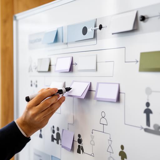 Organisierte Projektkarten und Rollenübersicht auf einem Agentur-Whiteboard