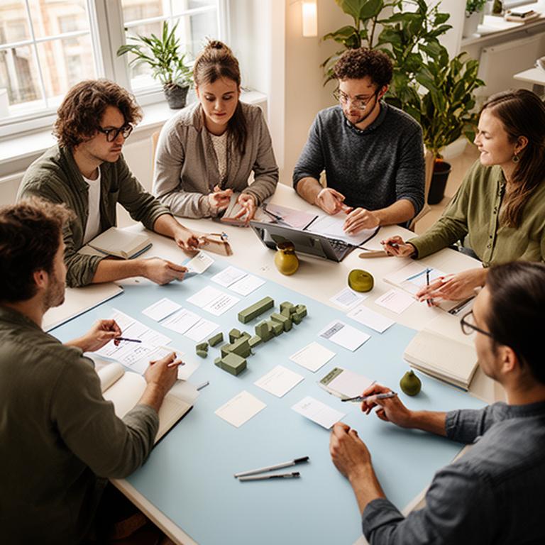 Kreativteam in einer Berliner Agentur bespricht eine Projektübersicht am Tisch