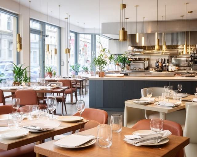 Heller Gastraum eines Restaurants in Berlin-Mitte mit vorbereiteten Tischen und sichtbarer offener Küche