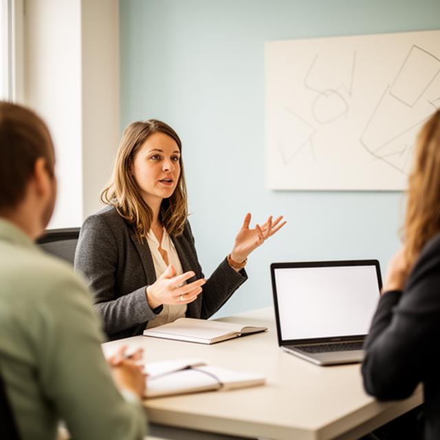 Adrina Leibenguth im Gespräch mit einem Mittelstandsteam in einem Berliner Büro