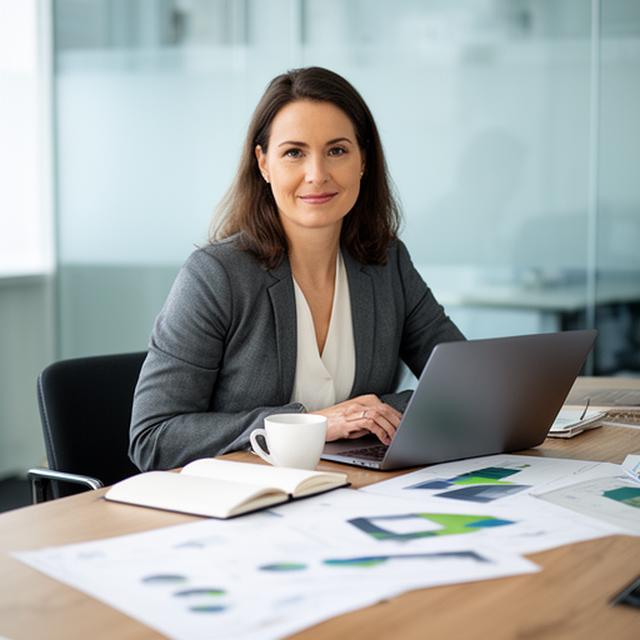 Lalaine Murr bei einer Strategiebesprechung in Berlin mit Laptop und Marktanalyse